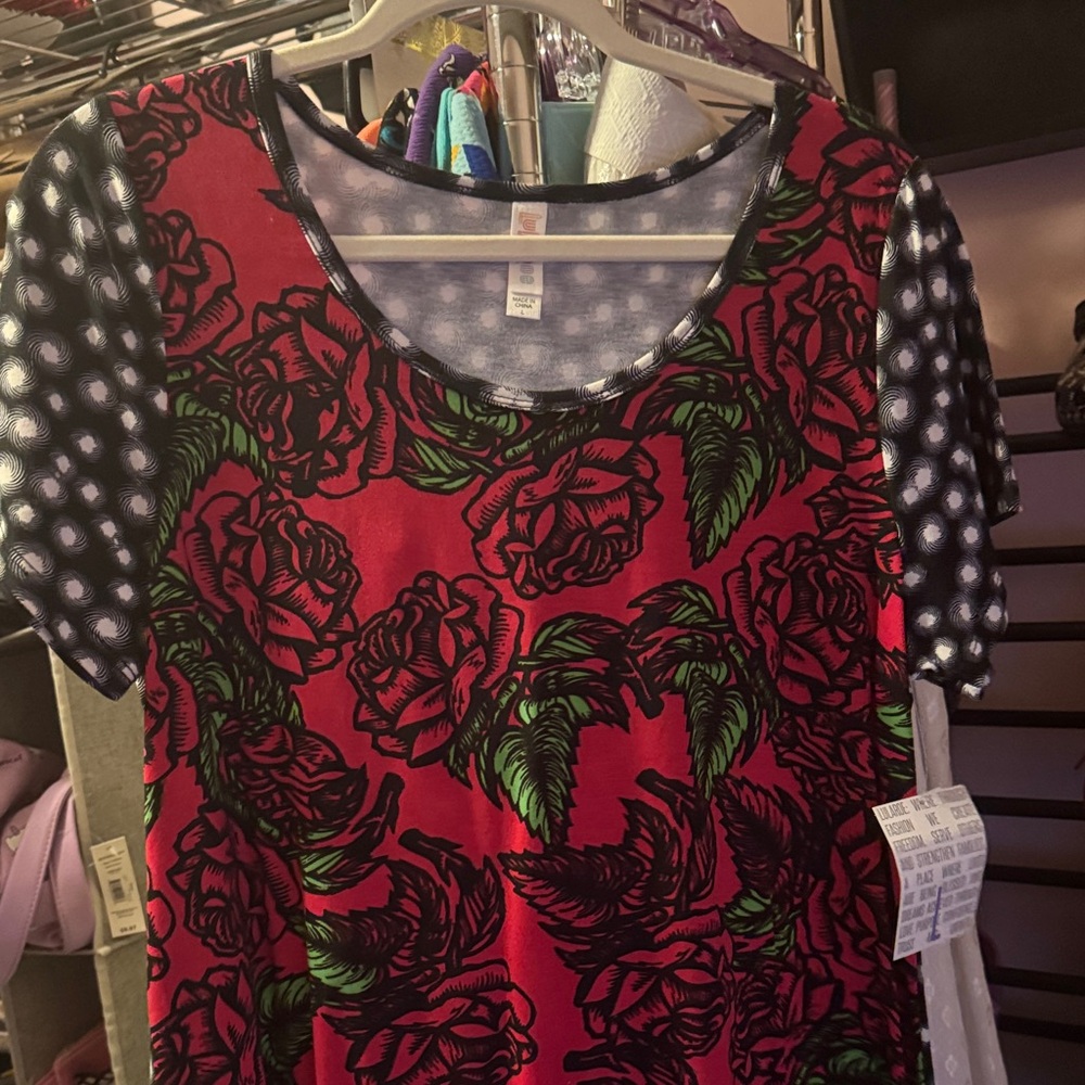 LuLaRoe Red Floral Top with Polka Dot Sleeves